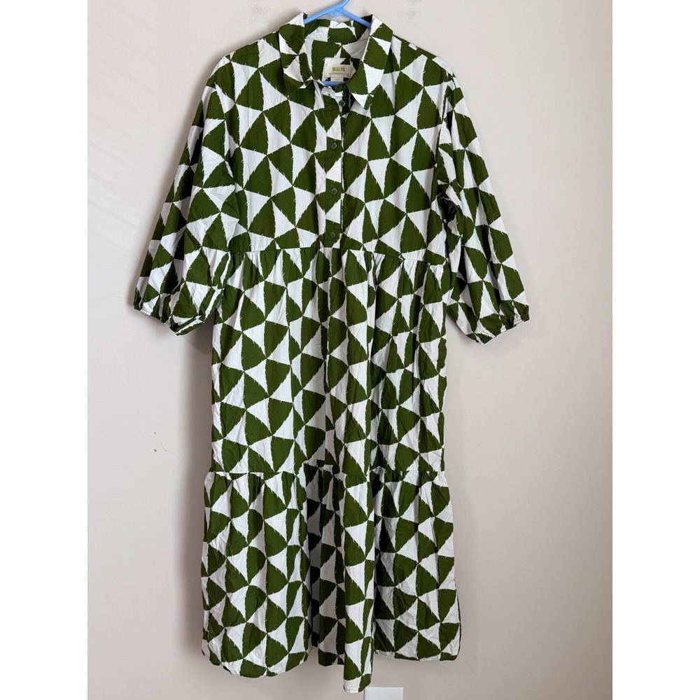 Maeve Shirt Dress Womens Large Green Geometric Tiered Cotton Midi - Picture 2 of 10